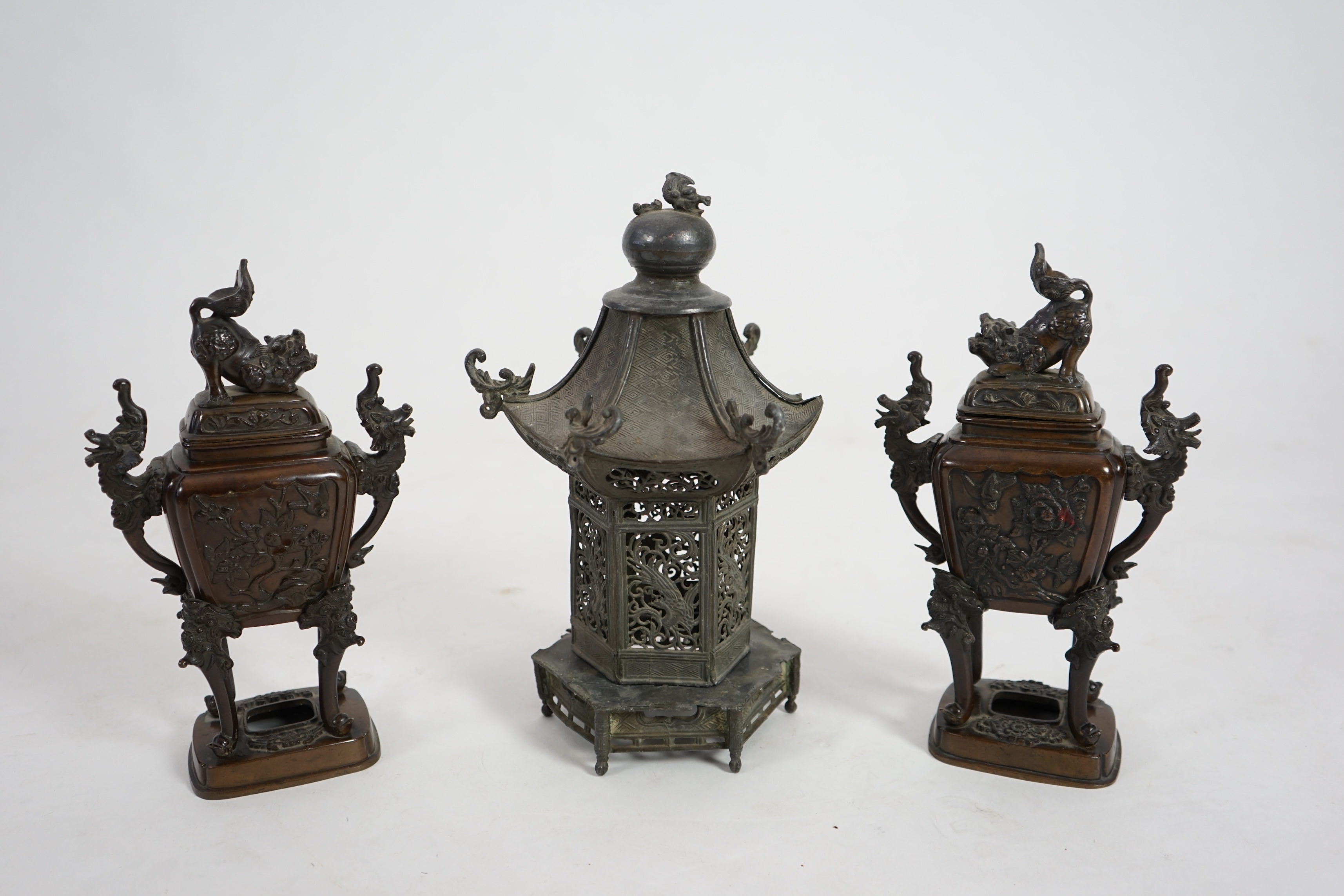 A pair of Japanese bronze koros and covers, late Meiji period